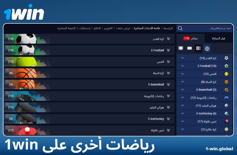 أنواع الرياضات المتاحة في موقع المراهنات 1Win